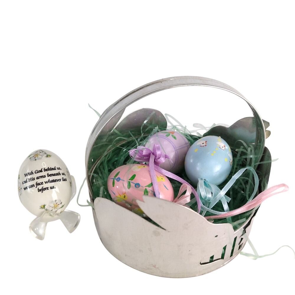 Vintage Easter Set Tin Bunny Basket w Hand Painted Eggs + The Egg Lady Porcelain
